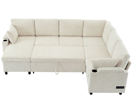 U-Shaped Sectional Sleeper Sofa With Ample Storage Space, 2 Cup Holders And Charging Ports For Living Room