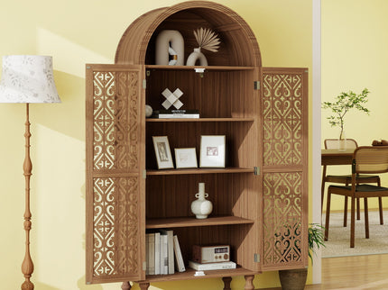 Tall Kitchen Pantry Cabinet With Hollow Carved Doors Adjustable Shelves Versatile Storage Cabinet For Kitchen - Walnut