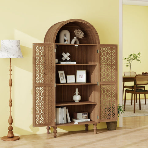 Tall Kitchen Pantry Cabinet With Hollow Carved Doors Adjustable Shelves Versatile Storage Cabinet For Kitchen - Walnut