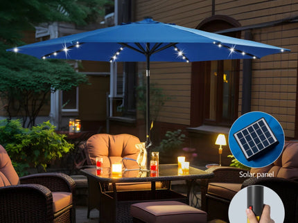 Solar LED Patio Umbrella With Crank Lift And Tilt, 8 Ribs, UV Resistant Canopy For Pool, Backyard & Patio (Without Base) - Blue