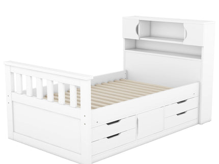 Captain Platform Bed Frame With Storage Bookcases, Shelves, And 4 Drawers