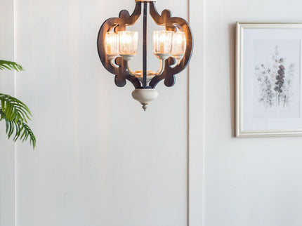 Wood Chandelier 6 Light Farmhouse Pendant Lighting Wood Hanging Light Fixture For Kitchen Living Dining Room, Bulb Not Included - Cream