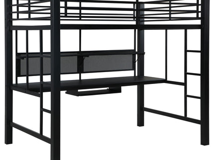 Ranier - Full Workstation Loft Bed, Full Length Desk, Safety Rails And Storage Shelves - Black