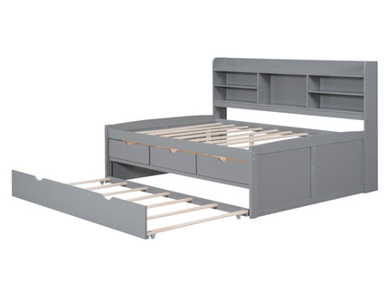 Captain Bed With Built In Bookshelves, 3 Storage Drawers, And Trundle