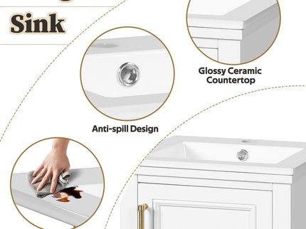 Bathroom Vanity With Sink, Soft Close Door, Adjustable Shelf, Freestanding Single Unit - White