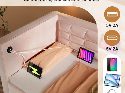 Upholstered Hydraulic Storage Daybed With USB & Type C Charging