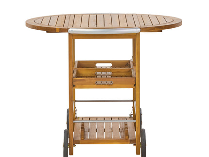 Outdoor Bar Cart With Foldable Tabletop & Removable Trays - Teak