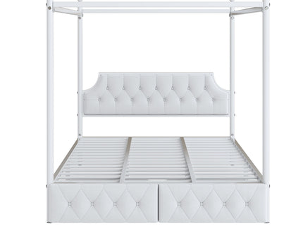 Queen Size Canopy Platform Bed With Upholstered Headboard And 2 Storage Drawers - White