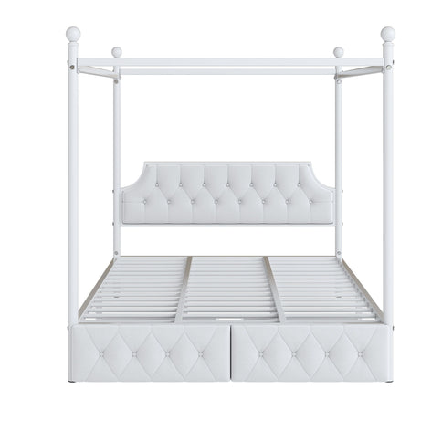 Queen Size Canopy Platform Bed With Upholstered Headboard And 2 Storage Drawers - White