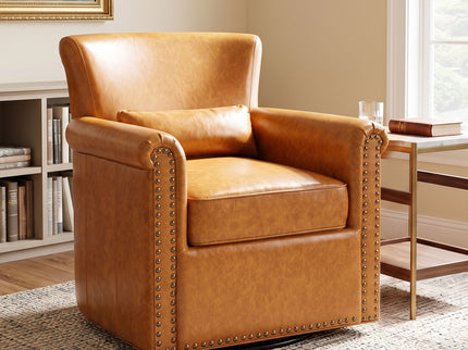 Swivel Accent Chair With Rolled Arm, Sewn Pillow Back, Nailhead Trim For Living Room