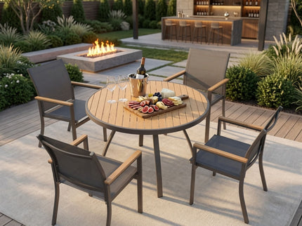 Gray Aluminum Patio Dining Set With Textilene Chairs, 5 Piece All Weather Round Table And 4 Seater For Garden, Deck, Or Porch