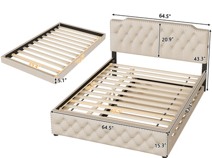 Upholstered Platform Bed With Trundle And 2 Sets Of USB Ports On Each Side, Fabric