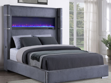 Haven - Upholstered Queen Bed With Integrated Flame Box - Gray