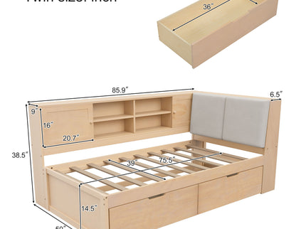 Twin L - Shaped Daybed With Storage Bookcase, Upholstered Headboard, USB Charging Ports & Hidden Drawers - Natural