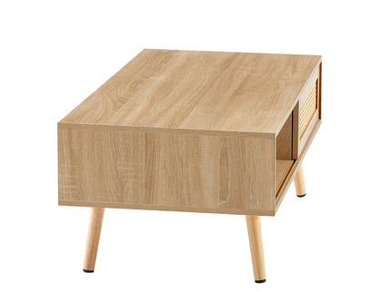 41.34" Rattan Coffee Table, Sliding Door For Storage, Solid Wood Legs, Modern Table For Living Room