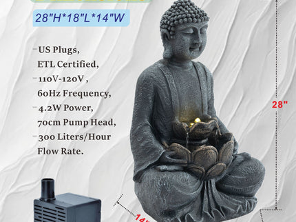 Zen - 2 Tier Meditating Buddha Water Fountain With Pump & LED Light - Gray