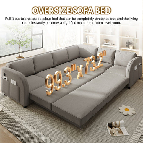 L-Shaped Couch With Pull-Out Bed, Convertible Sleeper Sofa With Side Pocket & USB Port
