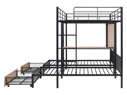Triple Bunk Bed With Drawers, Multi-Functional Frame With Desks And Shelves In The Middle