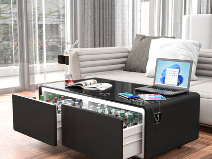 Modern Smart Coffee Table With Built-In Fridge, tooth Speaker, Wireless Charging Module, Touch Control Panel, Power Socket, USB Interface, Outlet Protection, Atmosphere Light