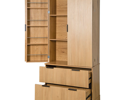 Fluted Kitchen Pantry Cabinet With 2 Large Drawers & 8 Door Spice Rack Freestanding Storage Organizer - Oak