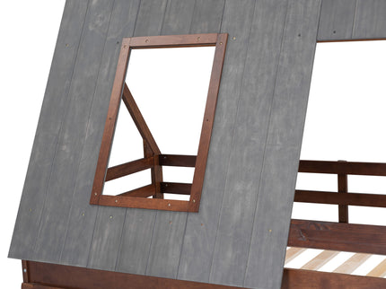 Wood Twin Size House Bunk Bed With Roof, Ladder And 2 Windows - Oak & Smoky Gray