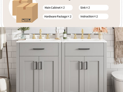Bathroom Vanity With Ceramic Sink, Soft Close Doors, Flip Drawer, Double Layer Door Shelves