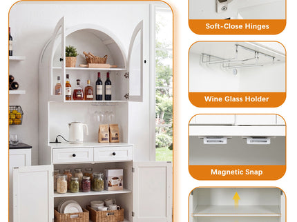 Tall Arched Pantry Cabinet With Charging Station, Adjustable Shelves, Coffee Bar