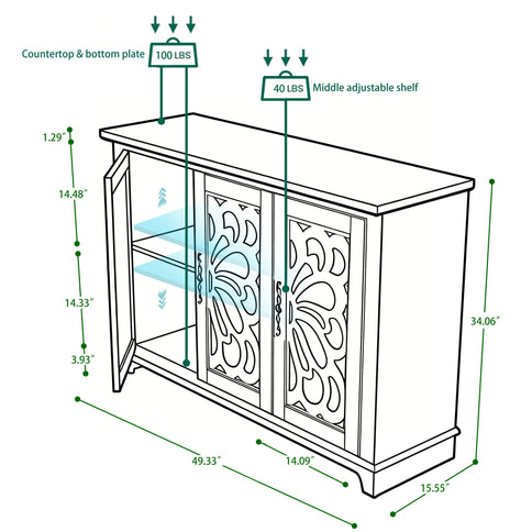 3 Door Mirrored Sideboard Cabinet With Adjustable Shelves