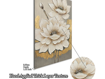 Lotus Flower Canvas Wall Art, Hand Painted Thick Textured Floral Painting With Accents, Neutral Decor For Living Room - Antique White / Gray