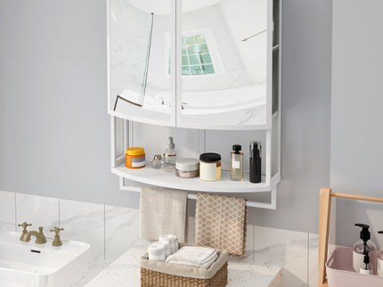 Arched Glass Double Door Wardrobe With Shatterproof Mirror, Open Shelf & Towel Rack