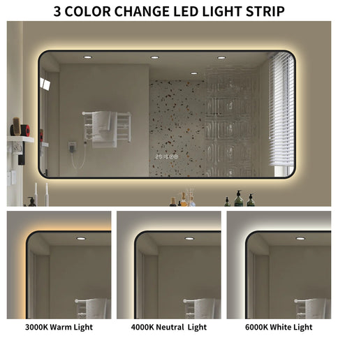 Wall Mirror With Rounded Corners, Temperature Display, Tri-Color Light, Defogging