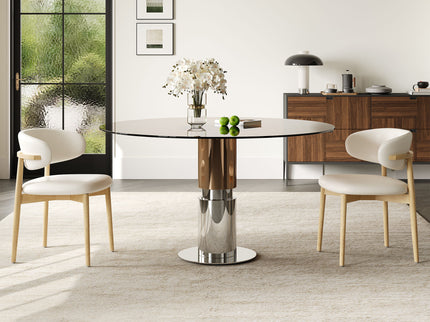 Round Dining Table & Tempered Glass Top - Brown