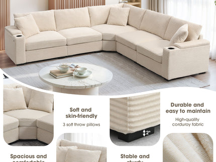 Convertible L Shaped Sectional Corner Couch With Armrest Storage Cup Holders USB Charger, Irregular Corner Oversized Comfy Modular Sofa