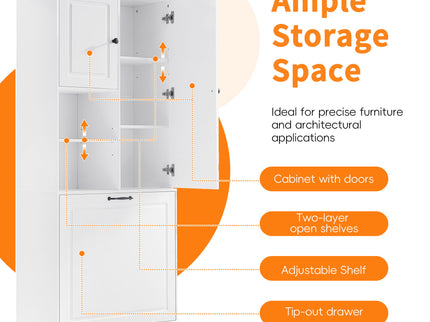 Modern Tall Storage Cabinet With Adjustable Shelves, Flip-Out Basket & Enclosed Doors