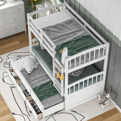 Bunk Bed With Trundle And Drawers, Arched Headboard And Footboard