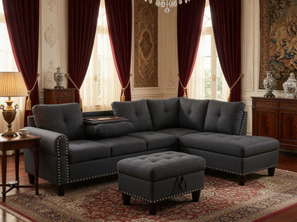 L - Shaped 3 Piece Sectional Sofa With Chaise, Storage Ottoman & Cup Holders