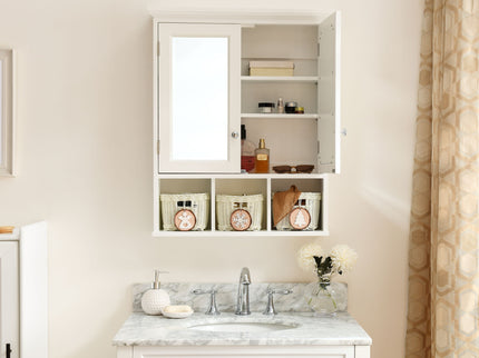 Bathroom Storage Cabinet, Medicine Cabinets For Bathroom With Mirror, 2 Doors 2 Adjustable Shelf & 3 Christmas Style Storage Basket - White