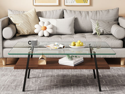 Rectangle Coffee Table, Tempered Glass Tabletop With Metal Legs, Modern Table For Living Room