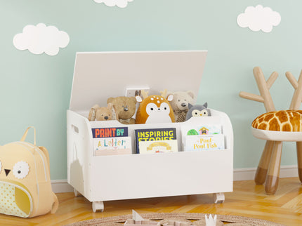Toy Box With 4 Universal Wheels, Kids Playroom Storage Organizer With Front Bookshelf, Flip Top Lid, Safety Hinge - White