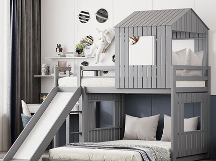 Loft Bunk Bed With Playhouse, Farmhouse, Ladder, Slide And Guardrails