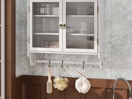 Vintage Double Door Wall Cabinet With Three Tiers Storage And Towel Rack - White Washed