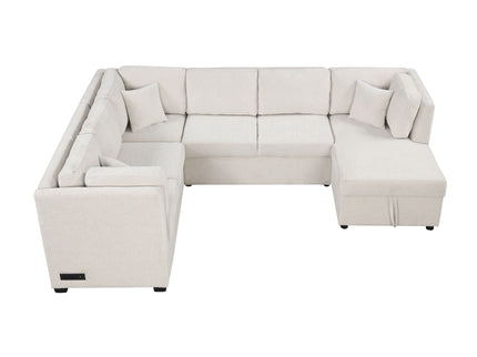 U-Shaped Sectional Sofa Pull Out Sofa Bed With Two USB Ports, Two Power Sockets, Three Back Pillows And A Storage Chaise For Living Room