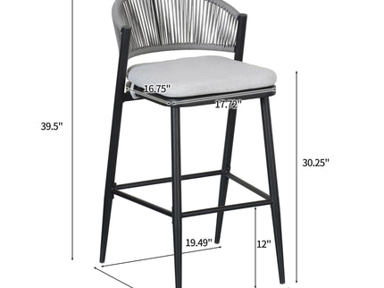 Outdoor Bar Height Metal Frame Counter Stools With Scallop Shaped Backrest & Water Resistant Cushions