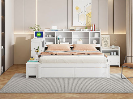 Platform Bed With Multi Functional Storage Space, Nightstand, 2 Drawers, USB Ports And Desk