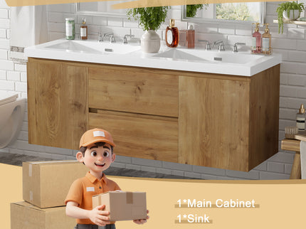 Double Sink Bathroom Vanity, Cabinet & Soft Close Doors, Divided Drawers, Wall Mounted Storage - Wood