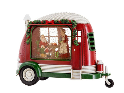 Christmas Plastic / Resin Camper With Mr & Mrs Santa Tea Time LED / Water Spinning / 2 Way Switch, 3*AA Required - Red