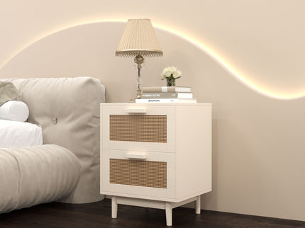 Nightstand With 2 Drawers, Storage Side Table For Bedroom - Antique Natural / Rattan