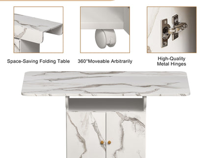 Versatile Marble Folding Dining Table With Storage Rack And Cabinet, 6 Wheels - White