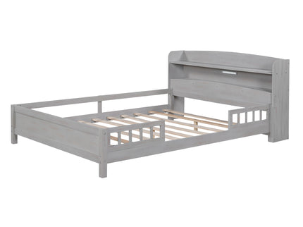 Wood Platform Bed With Built In LED Light, Storage Headboard And Guardrail