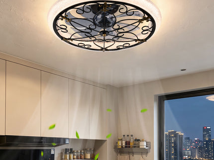 20" Caged Ceiling Fan With Remote Control And Crystal Sand Lampshade - Matte Black